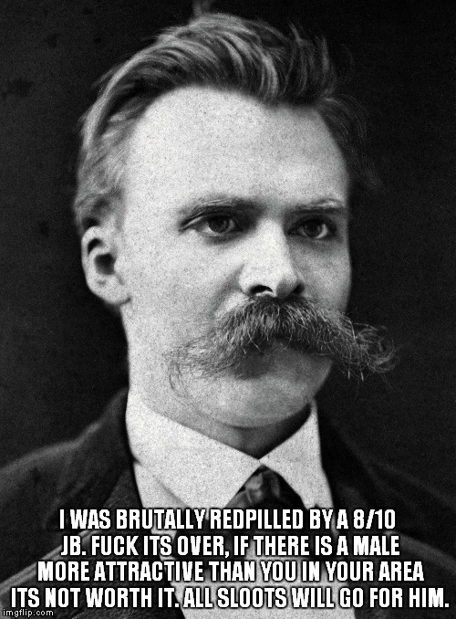 Nietzsche | I WAS BRUTALLY REDPILLED BY A 8/10 JB. FUCK ITS OVER, IF THERE IS A MALE MORE ATTRACTIVE THAN YOU IN YOUR AREA ITS NOT WORTH IT. ALL SLOOTS WILL GO FOR HIM. | image tagged in nietzsche | made w/ Imgflip meme maker
