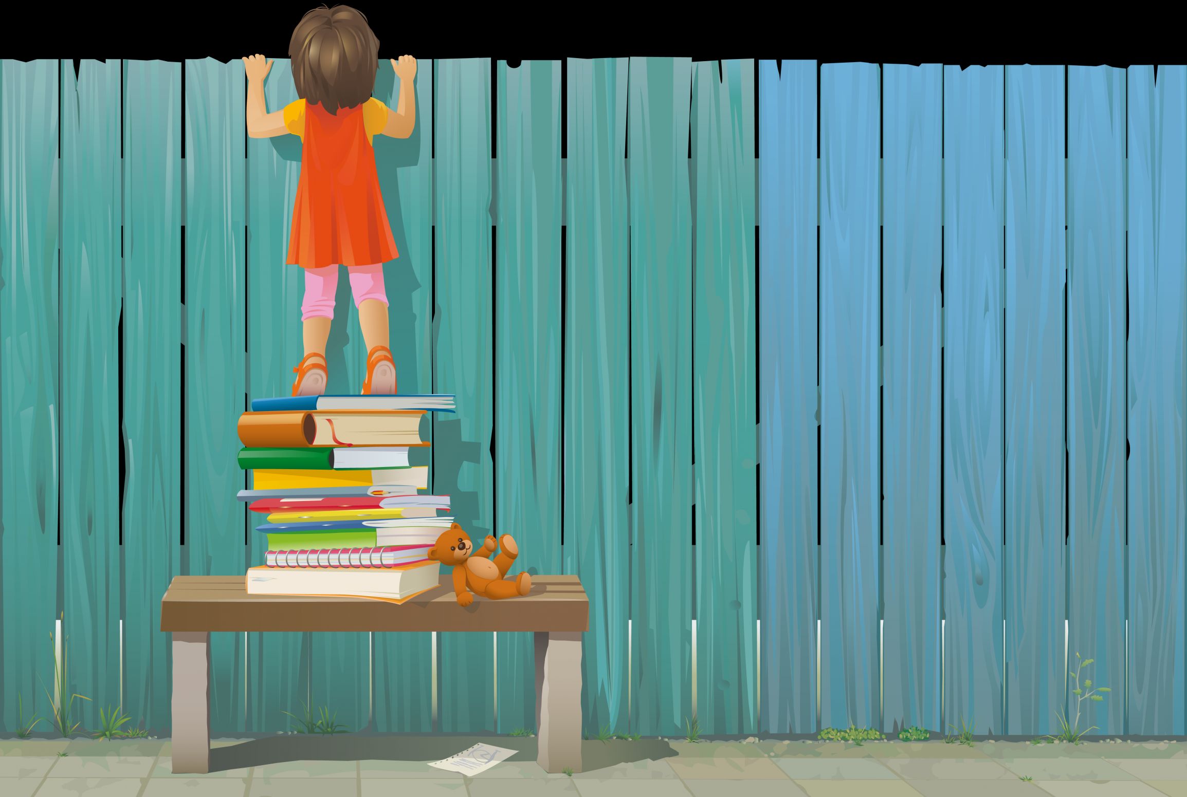 girl using books to peek over fence Blank Meme Template