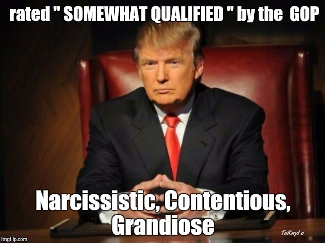 rated " SOMEWHAT QUALIFIED " by the  GOP; Narcissistic, Contentious, Grandiose | image tagged in trump 2016 | made w/ Imgflip meme maker
