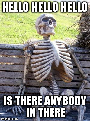 Waiting Skeleton Meme | HELLO HELLO HELLO IS THERE ANYBODY IN THERE | image tagged in memes,waiting skeleton | made w/ Imgflip meme maker