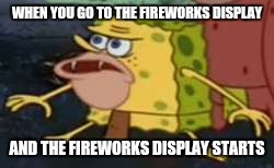 Spongegar Meme | WHEN YOU GO TO THE FIREWORKS DISPLAY; AND THE FIREWORKS DISPLAY STARTS | image tagged in caveman spongebob | made w/ Imgflip meme maker