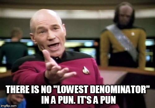 Picard Wtf Meme | THERE IS NO "LOWEST DENOMINATOR" IN A PUN. IT'S A PUN | image tagged in memes,picard wtf | made w/ Imgflip meme maker