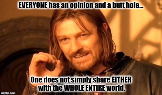 One Does Not Simply | EVERYONE has an opinion and a butt hole... One does not simply share EITHER with the WHOLE ENTIRE world. | image tagged in memes,one does not simply | made w/ Imgflip meme maker