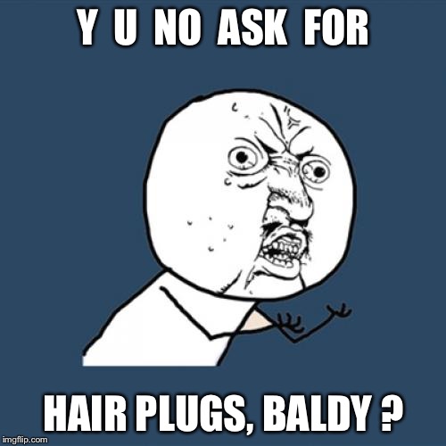 Y U No Meme | Y  U  NO  ASK  FOR HAIR PLUGS, BALDY ? | image tagged in memes,y u no | made w/ Imgflip meme maker