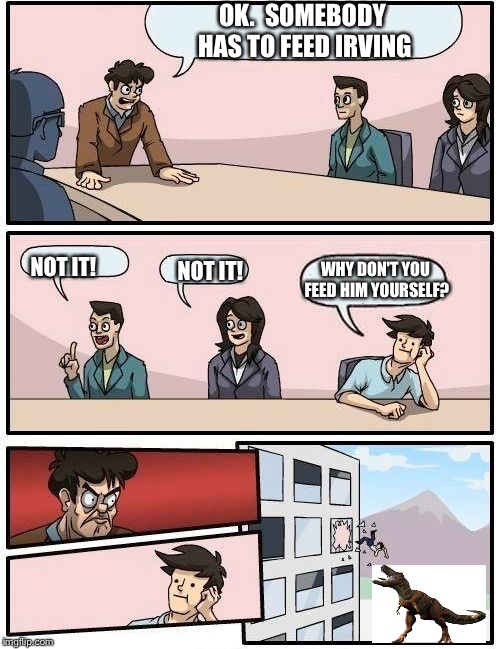 Boardroom Meeting Suggestion Meme | OK.  SOMEBODY HAS TO FEED IRVING; NOT IT! NOT IT! WHY DON'T YOU FEED HIM YOURSELF? | image tagged in memes,boardroom meeting suggestion | made w/ Imgflip meme maker