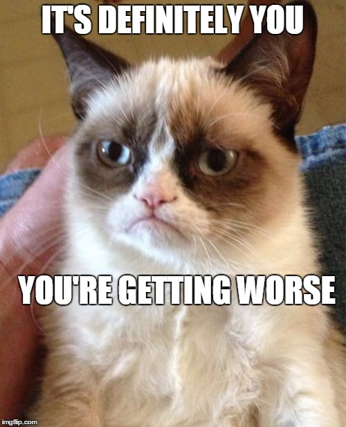 Grumpy Cat Meme | IT'S DEFINITELY YOU YOU'RE GETTING WORSE | image tagged in memes,grumpy cat | made w/ Imgflip meme maker