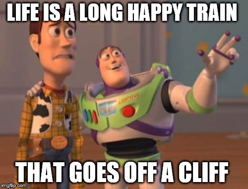 X, X Everywhere | LIFE IS A LONG HAPPY TRAIN; THAT GOES OFF A CLIFF | image tagged in memes,x x everywhere | made w/ Imgflip meme maker