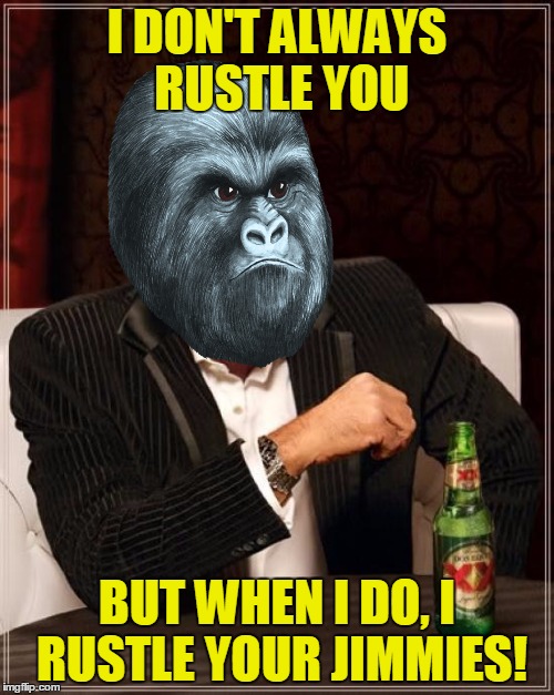 The Most Interesting Man In The World |  I DON'T ALWAYS RUSTLE YOU; BUT WHEN I DO, I RUSTLE YOUR JIMMIES! | image tagged in memes,the most interesting man in the world,rustle my jimmies,gorilla,funny | made w/ Imgflip meme maker