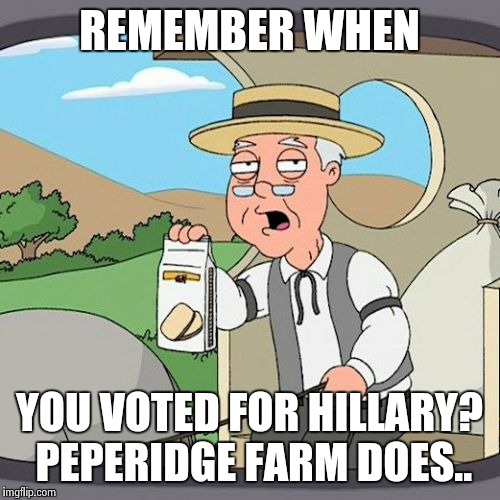 Pepperidge Farm Remembers | REMEMBER WHEN; YOU VOTED FOR HILLARY? PEPERIDGE FARM DOES.. | image tagged in memes,pepperidge farm remembers | made w/ Imgflip meme maker