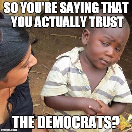 The Democrats | SO YOU'RE SAYING THAT YOU ACTUALLY TRUST; THE DEMOCRATS? | image tagged in memes,third world skeptical kid,democrats,democrat | made w/ Imgflip meme maker