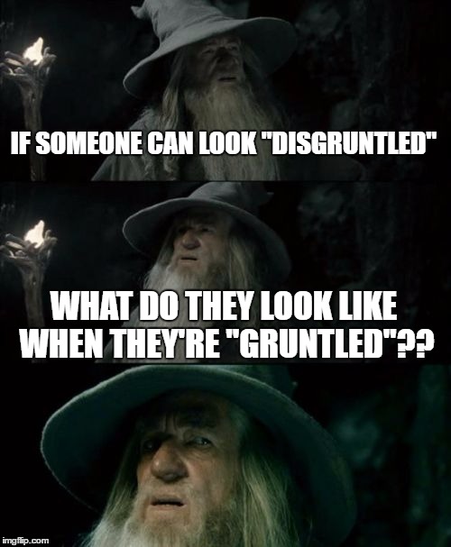 Confused Gandalf | IF SOMEONE CAN LOOK "DISGRUNTLED"; WHAT DO THEY LOOK LIKE WHEN THEY'RE "GRUNTLED"?? | image tagged in memes,confused gandalf | made w/ Imgflip meme maker