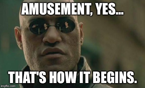 Amusement... | AMUSEMENT, YES... THAT'S HOW IT BEGINS. | image tagged in memes,matrix morpheus | made w/ Imgflip meme maker