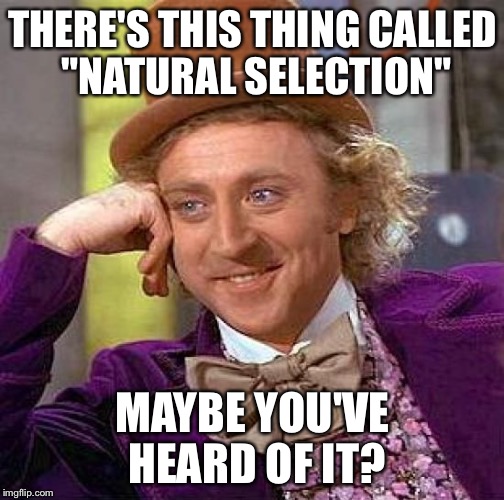 Natural Selection... | THERE'S THIS THING CALLED "NATURAL SELECTION" MAYBE YOU'VE HEARD OF IT? | image tagged in memes,creepy condescending wonka | made w/ Imgflip meme maker