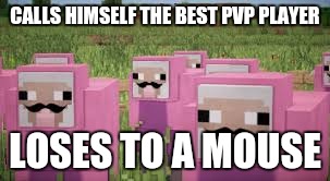 pink sheep | CALLS HIMSELF THE BEST PVP PLAYER; LOSES TO A MOUSE | image tagged in pink sheep | made w/ Imgflip meme maker