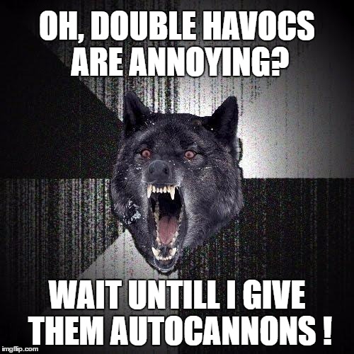 Insanity Wolf Meme | OH, DOUBLE HAVOCS ARE ANNOYING? WAIT UNTILL I GIVE THEM AUTOCANNONS ! | image tagged in memes,insanity wolf | made w/ Imgflip meme maker
