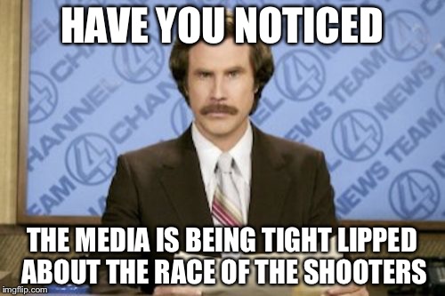 Ron Burgundy | HAVE YOU NOTICED; THE MEDIA IS BEING TIGHT LIPPED ABOUT THE RACE OF THE SHOOTERS | image tagged in memes,ron burgundy | made w/ Imgflip meme maker