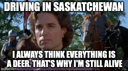 Prince Humperdink | DRIVING IN SASKATCHEWAN; I ALWAYS THINK EVERYTHING IS A DEER. THAT'S WHY I'M STILL ALIVE | image tagged in prince humperdink | made w/ Imgflip meme maker
