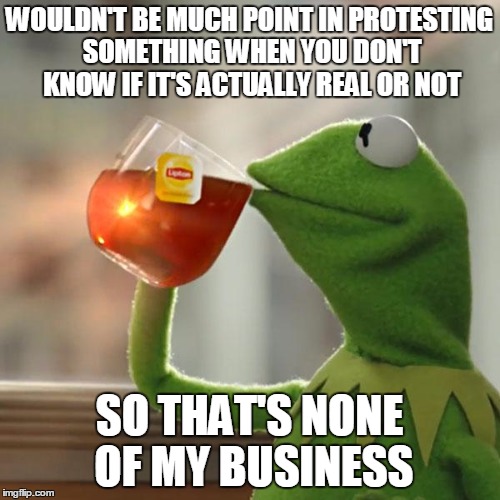 But That's None Of My Business Meme | WOULDN'T BE MUCH POINT IN PROTESTING SOMETHING WHEN YOU DON'T KNOW IF IT'S ACTUALLY REAL OR NOT SO THAT'S NONE OF MY BUSINESS | image tagged in memes,but thats none of my business,kermit the frog | made w/ Imgflip meme maker