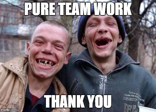 ugly twins | PURE TEAM WORK THANK YOU | image tagged in ugly twins | made w/ Imgflip meme maker