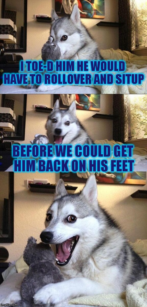 Bad Pun Dog Meme | I TOE-D HIM HE WOULD HAVE TO ROLLOVER AND SITUP BEFORE WE COULD GET HIM BACK ON HIS FEET | image tagged in memes,bad pun dog | made w/ Imgflip meme maker