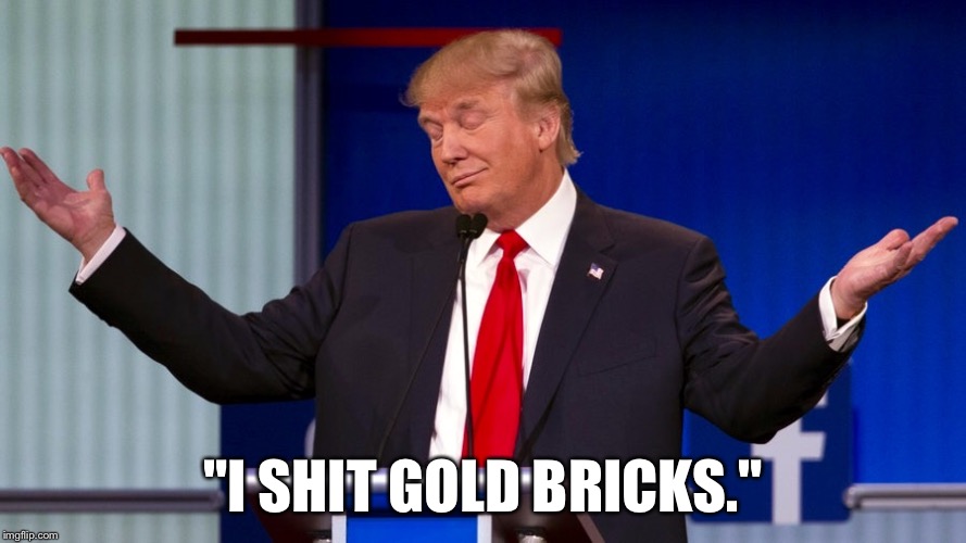 Trump. |  "I SHIT GOLD BRICKS." | image tagged in trump,donald trump,trump 2016,gold,poop | made w/ Imgflip meme maker