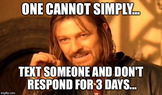 One Does Not Simply | ONE CANNOT SIMPLY... TEXT SOMEONE AND DON'T RESPOND FOR 3 DAYS... | image tagged in memes,one does not simply | made w/ Imgflip meme maker