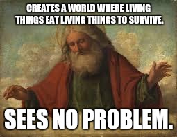 god | CREATES A WORLD WHERE LIVING THINGS EAT LIVING THINGS TO SURVIVE. SEES NO PROBLEM. | image tagged in god | made w/ Imgflip meme maker