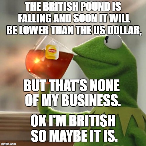 But That's None Of My Business | THE BRITISH POUND IS FALLING AND SOON IT WILL BE LOWER THAN THE US DOLLAR, BUT THAT'S NONE OF MY BUSINESS. OK I'M BRITISH SO MAYBE IT IS. | image tagged in memes,but thats none of my business,kermit the frog | made w/ Imgflip meme maker