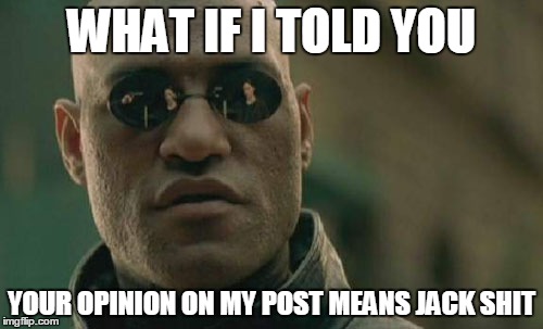 Matrix Morpheus | WHAT IF I TOLD YOU; YOUR OPINION ON MY POST MEANS JACK SHIT | image tagged in memes,matrix morpheus | made w/ Imgflip meme maker