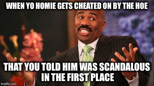 WHEN YO HOMIE GETS CHEATED ON BY THE HOE; THAT YOU TOLD HIM WAS SCANDALOUS IN THE FIRST PLACE | image tagged in memes,steve harvey | made w/ Imgflip meme maker