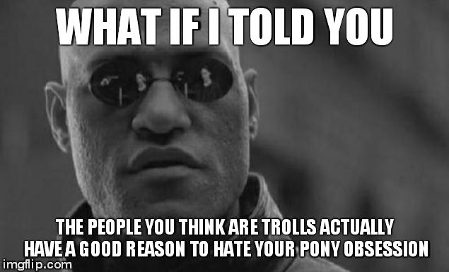 Matrix Morpheus Meme | WHAT IF I TOLD YOU THE PEOPLE YOU THINK ARE TROLLS ACTUALLY HAVE A GOOD REASON TO HATE YOUR PONY OBSESSION | image tagged in memes,matrix morpheus | made w/ Imgflip meme maker