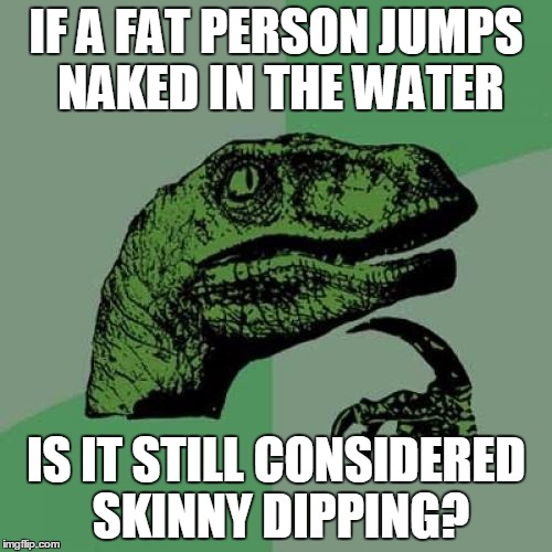 Philosoraptor Meme | IF A FAT PERSON JUMPS NAKED IN THE WATER; IS IT STILL CONSIDERED SKINNY DIPPING? | image tagged in memes,philosoraptor | made w/ Imgflip meme maker
