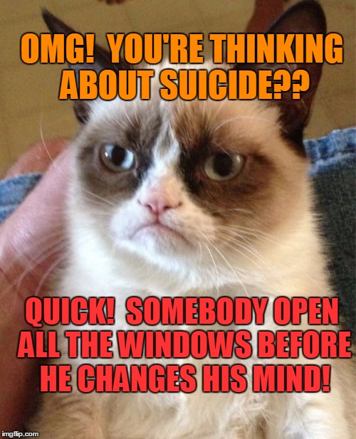 Grumpy Cat Meme | OMG!  YOU'RE THINKING ABOUT SUICIDE?? QUICK!  SOMEBODY OPEN ALL THE WINDOWS BEFORE HE CHANGES HIS MIND! | image tagged in memes,grumpy cat | made w/ Imgflip meme maker