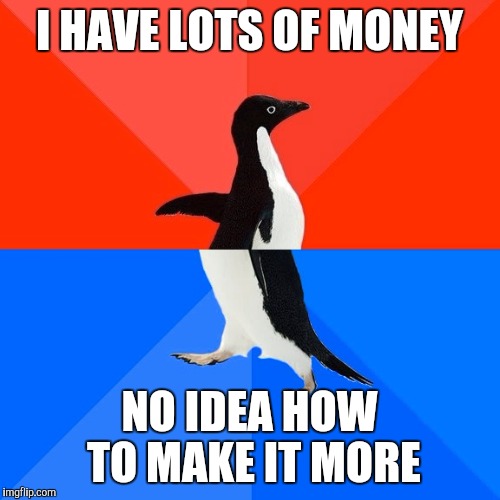 Socially Awesome Awkward Penguin | I HAVE LOTS OF MONEY; NO IDEA HOW TO MAKE IT MORE | image tagged in memes,socially awesome awkward penguin | made w/ Imgflip meme maker