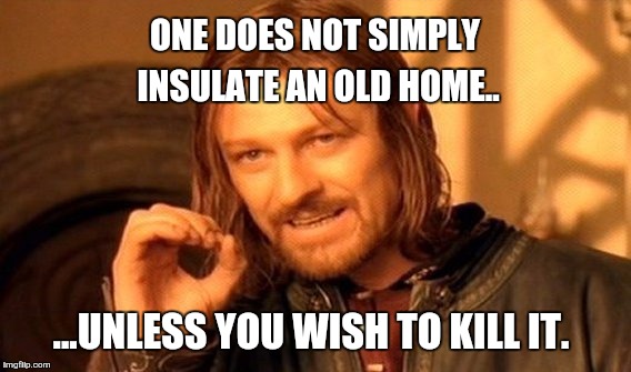 Insulating an old home | ONE DOES NOT SIMPLY INSULATE AN OLD HOME.. ...UNLESS YOU WISH TO KILL IT. | image tagged in memes,one does not simply | made w/ Imgflip meme maker