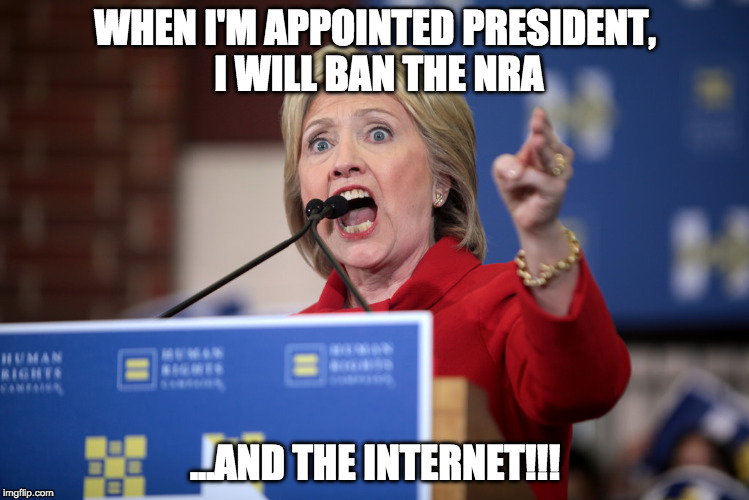 Hilary bans internet | WHEN I'M APPOINTED PRESIDENT, I WILL BAN THE NRA; ...AND THE INTERNET!!! | image tagged in hilary clinton,ban,nra,internet,corruption | made w/ Imgflip meme maker