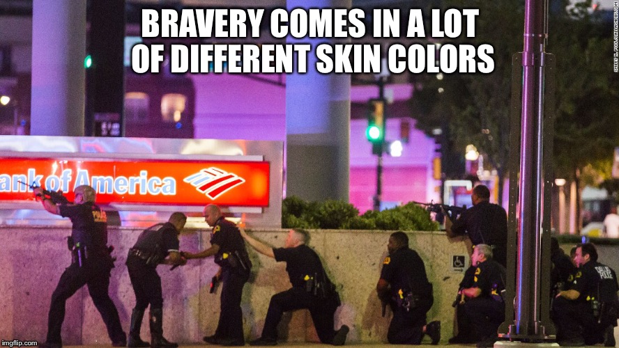 True grit.   R.I.P. LE brothers in Dallas | BRAVERY COMES IN A LOT OF DIFFERENT SKIN COLORS | image tagged in police,black lives matter,dallas | made w/ Imgflip meme maker