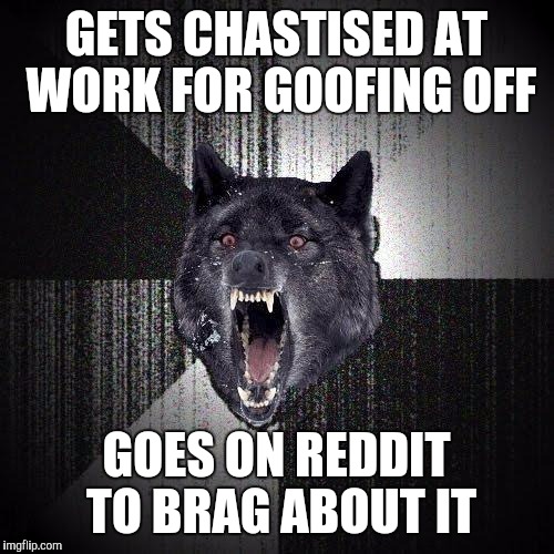 Insanity Wolf Meme | GETS CHASTISED AT WORK FOR GOOFING OFF; GOES ON REDDIT TO BRAG ABOUT IT | image tagged in memes,insanity wolf | made w/ Imgflip meme maker
