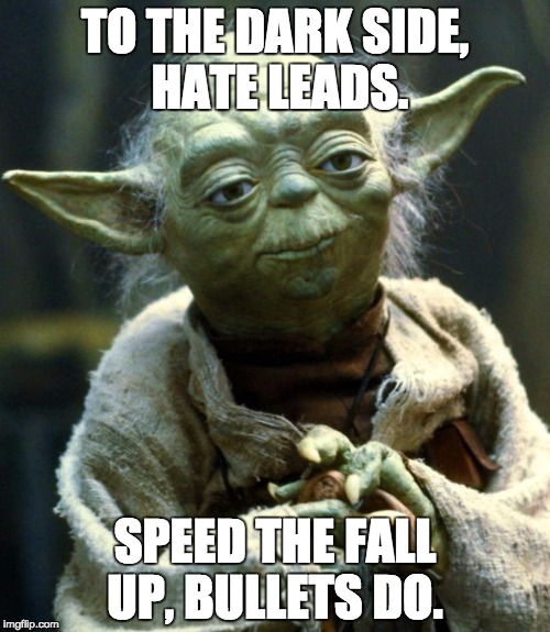 Star Wars Yoda Meme | TO THE DARK SIDE, HATE LEADS. SPEED THE FALL UP, BULLETS DO. | image tagged in memes,star wars yoda | made w/ Imgflip meme maker