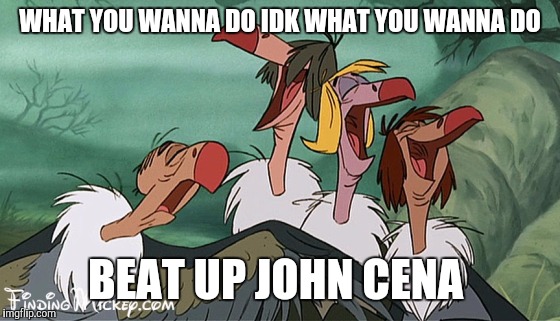 Singing Buzzards | WHAT YOU WANNA DO IDK WHAT YOU WANNA DO; BEAT UP JOHN CENA | image tagged in singing buzzards | made w/ Imgflip meme maker