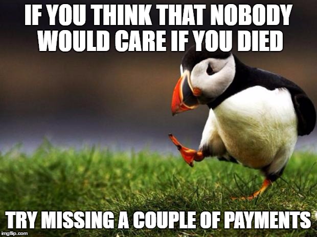 nobody caring if you died | IF YOU THINK THAT NOBODY WOULD CARE IF YOU DIED; TRY MISSING A COUPLE OF PAYMENTS | image tagged in memes,unpopular opinion puffin | made w/ Imgflip meme maker
