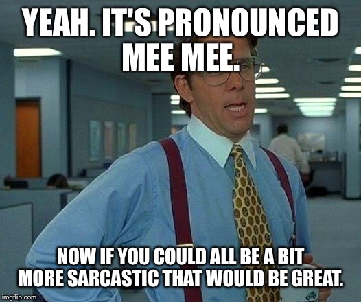 That Would Be Great Meme | YEAH. IT'S PRONOUNCED MEE MEE. NOW IF YOU COULD ALL BE A BIT MORE SARCASTIC THAT WOULD BE GREAT. | image tagged in memes,that would be great | made w/ Imgflip meme maker