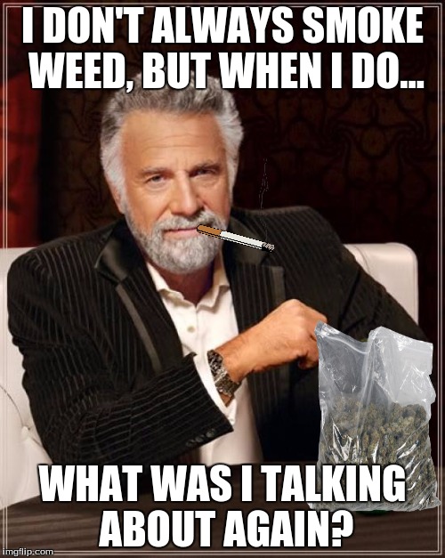 Don't do drugs. They yiff up yer thinkies. | I DON'T ALWAYS SMOKE WEED, BUT WHEN I DO... WHAT WAS I TALKING ABOUT AGAIN? | image tagged in memes,the most interesting man in the world,funny memes,weed,drugs are bad | made w/ Imgflip meme maker