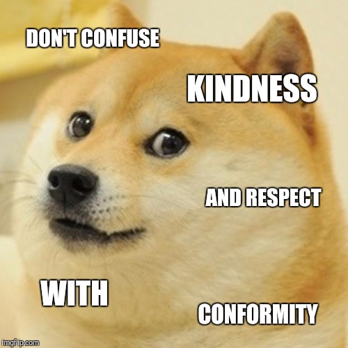 Doge | DON'T CONFUSE; KINDNESS; AND RESPECT; WITH; CONFORMITY | image tagged in memes,doge | made w/ Imgflip meme maker