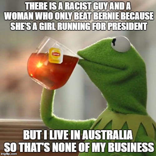 But That's None Of My Business Meme | THERE IS A RACIST GUY AND A WOMAN WHO ONLY BEAT BERNIE BECAUSE SHE'S A GIRL RUNNING FOR PRESIDENT; BUT I LIVE IN AUSTRALIA SO THAT'S NONE OF MY BUSINESS | image tagged in memes,but thats none of my business,kermit the frog | made w/ Imgflip meme maker