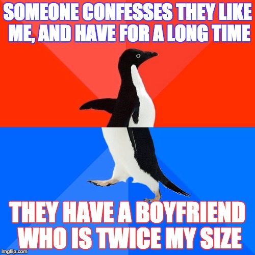 Is it worth it?  Nope. | SOMEONE CONFESSES THEY LIKE ME, AND HAVE FOR A LONG TIME; THEY HAVE A BOYFRIEND WHO IS TWICE MY SIZE | image tagged in memes,socially awesome awkward penguin,crush,boyfriend,lol | made w/ Imgflip meme maker