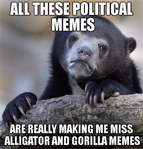 Confession Bear | ALL THESE POLITICAL MEMES; ARE REALLY MAKING ME MISS ALLIGATOR AND GORILLA MEMES | image tagged in memes,confession bear | made w/ Imgflip meme maker