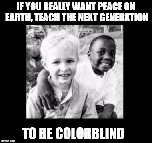 IF YOU REALLY WANT PEACE ON EARTH, TEACH THE NEXT GENERATION; TO BE COLORBLIND | image tagged in racism,peace,all lives matter,black and white kids together,black and white,black and white friends | made w/ Imgflip meme maker