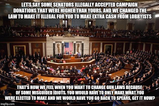 Congress | LET'S SAY SOME SENATORS ILLEGALLY ACCEPTED CAMPAIGN DONATIONS THAT WERE HIGHER THAN YOURS. AND WE CHANGED THE LAW TO MAKE IT ILLEGAL FOR YOU TO MAKE EXTRA CASH FROM LOBBYISTS; THAT'S HOW WE FEEL WHEN YOU WANT TO CHANGE GUN LAWS BECAUSE OF SOME MISGUIDED IDIOTS. YOU WOULD HAVE TO ONLY MAKE WHAT YOU WERE ELECTED TO MAKE AND WE WOULD HAVE YOU GO BACK TO SPEARS, GET IT NOW? | image tagged in congress | made w/ Imgflip meme maker