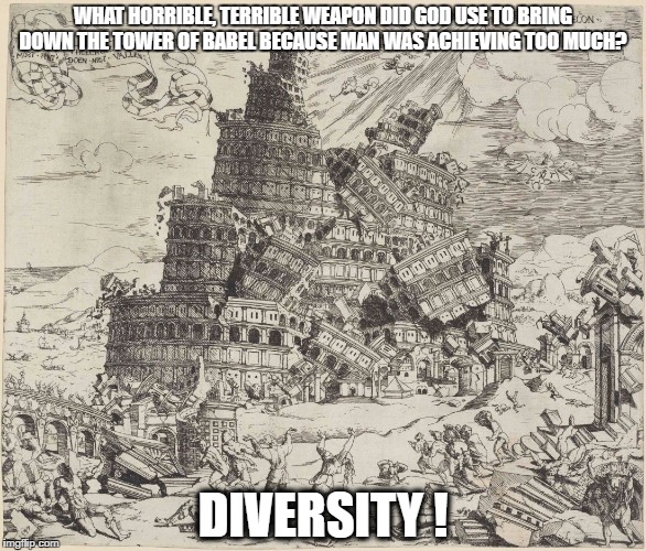There is a reason they want to keep us divided.  | WHAT HORRIBLE, TERRIBLE WEAPON DID GOD USE TO BRING DOWN THE TOWER OF BABEL BECAUSE MAN WAS ACHIEVING TOO MUCH? DIVERSITY ! | image tagged in political,anti-religion,religion | made w/ Imgflip meme maker